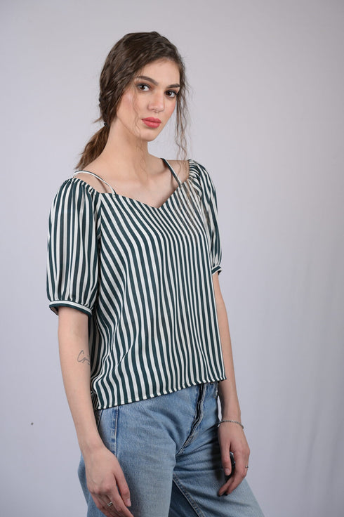 White and Green Striped Relaxed Fit Boat Neckline Top (OTL-TPS1021)